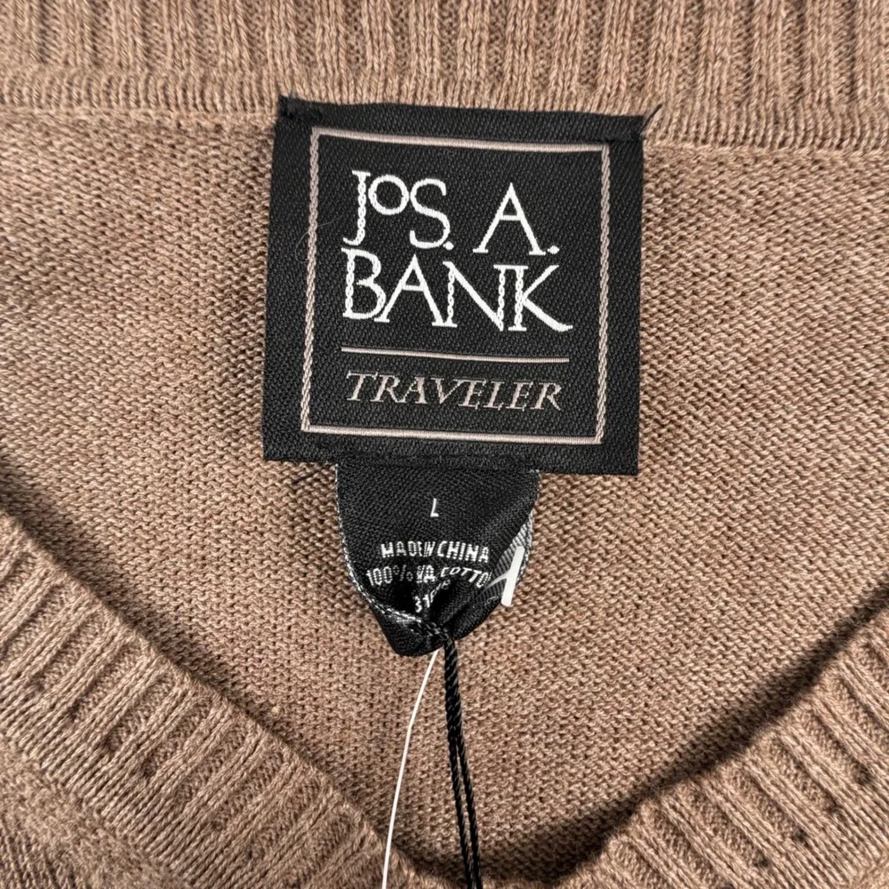 NEW Jos A Bank Sweater Mens Large Brown Traveler Pima Cotton V-Neck Pullover